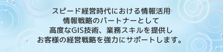 スピード経営時代における情報活用、情報戦略のパートナーとして高度なＧＩＳ技術、業務スキルを提供し、お客様の経営戦略を協力にサポートします。